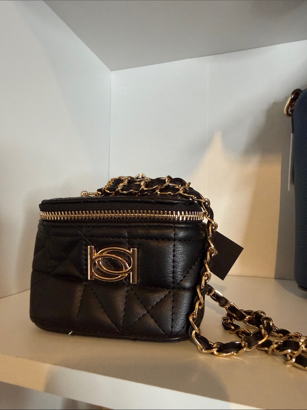 Bebe Kamala Black Quilted Chain Crossbody Bag with Gold Hardware